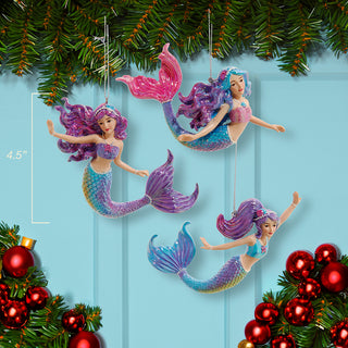Coastal 4.5"  Pink, Purple & Blue Mermaid Christmas Ornament Set of 3