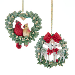 Mistletoe Wreath With Cardinal and Deer Couple Ornament Set E1017