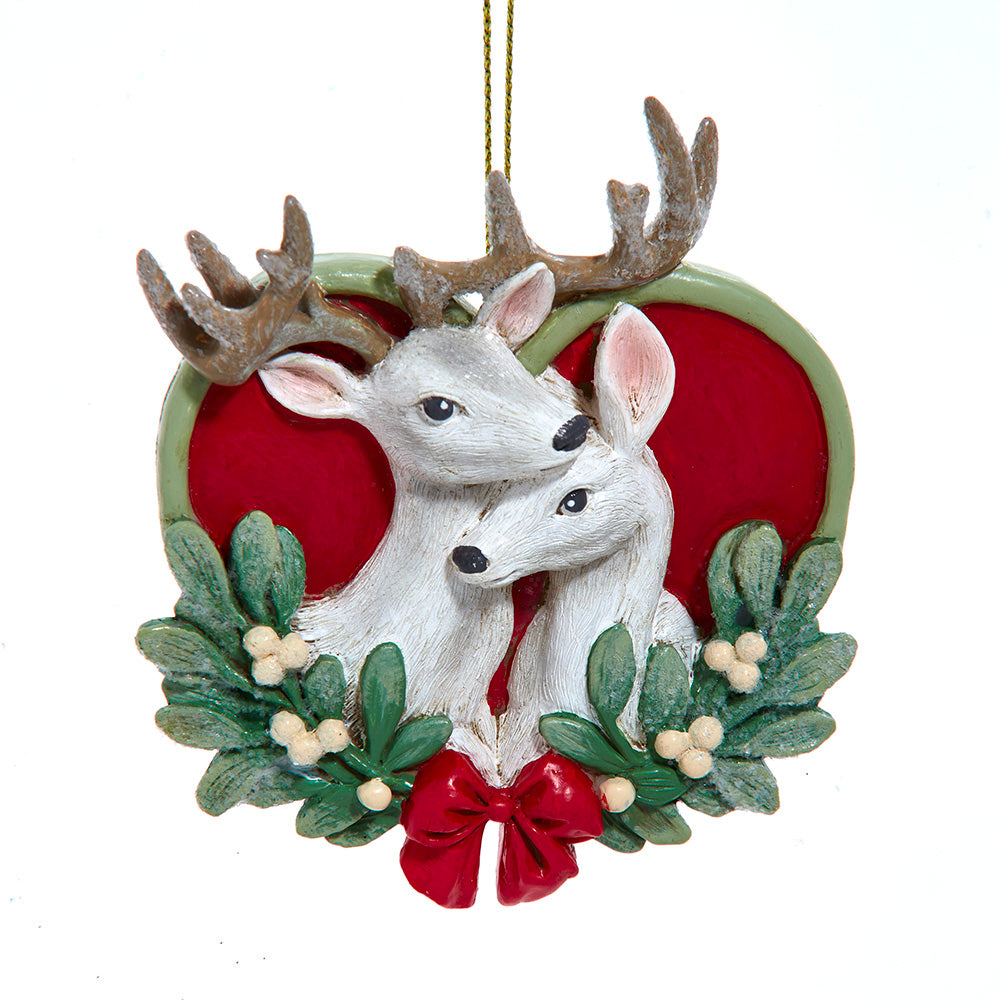 4" Mistletoe Deer Couple On Heart Ornament