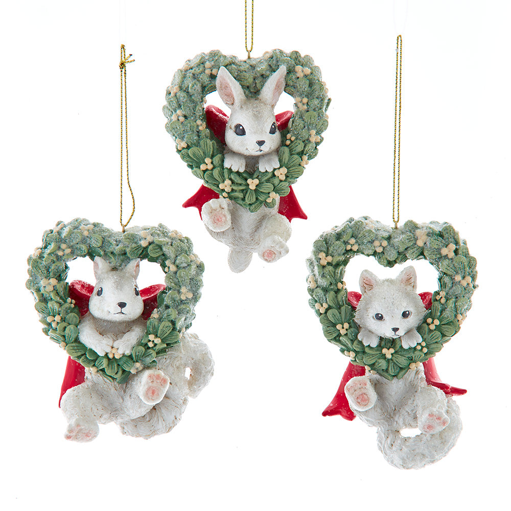 4" Mistletoe Wreath With Baby Bunny, Fox & Squirrel Ornaments Set E1022