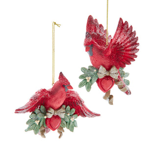 Mistletoe Cardinal With Red Heart Ornament Set E1025