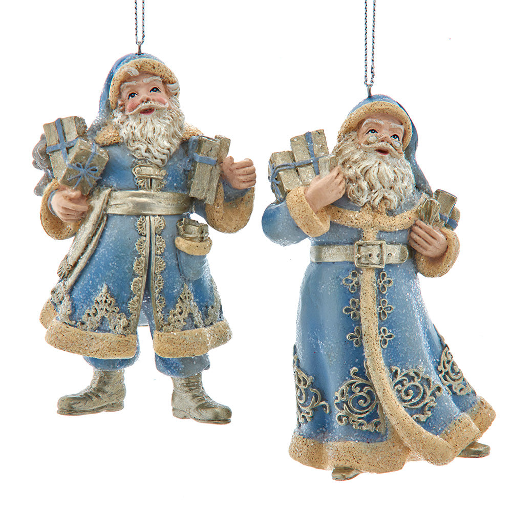 4.5" Blue Platinum Santa With Gift Boxes Ornaments Set