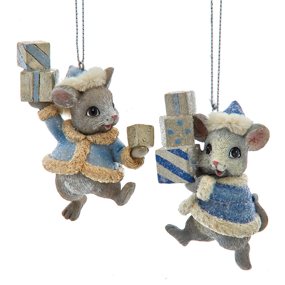 3.25" Blue platinum Mice With Gift Boxes Ornaments Set