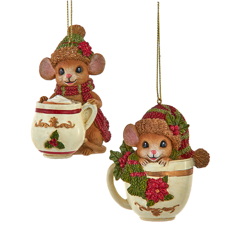 3.25" Mouse With Poinsettia & Holly Leaf Mug Ornaments Set E1071