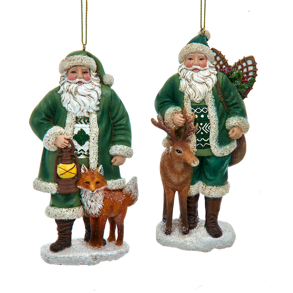 5" Winter Green Santa With Deer & Fox Ornaments E1089