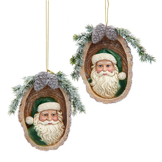 Winter Green Santa With Sliced Wood Ornament Set E1090