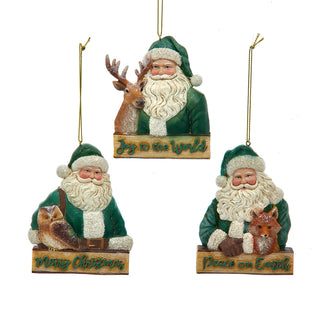 Winter Green Santa With Owl, Fox & Reindeer Ornament E1091