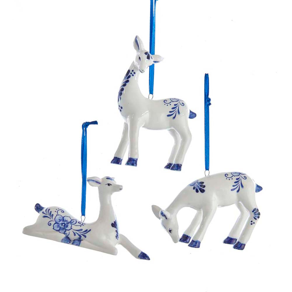 Blue Floral Scroll Porcelain Delft Deer Ornament Set of 3