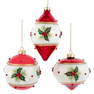 PRE-ORDER Glass Red & White With Holly Ball, Finial and Onion Shaped Ornament Set F2235