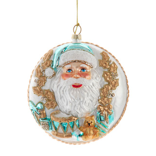 Pre-Order Kurt Adler Aqua & Gold Glass Double Sided Santa Disc Ornament  F2367