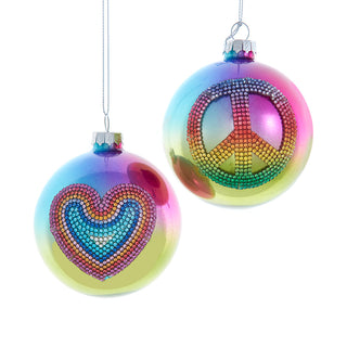Glass Bedazzled Rainbow Ball With Peace Sign & Heart Shape Design Ornament