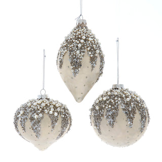 Glass Ivory Beaded Ball, Onion & Drop Ornament Set F2419