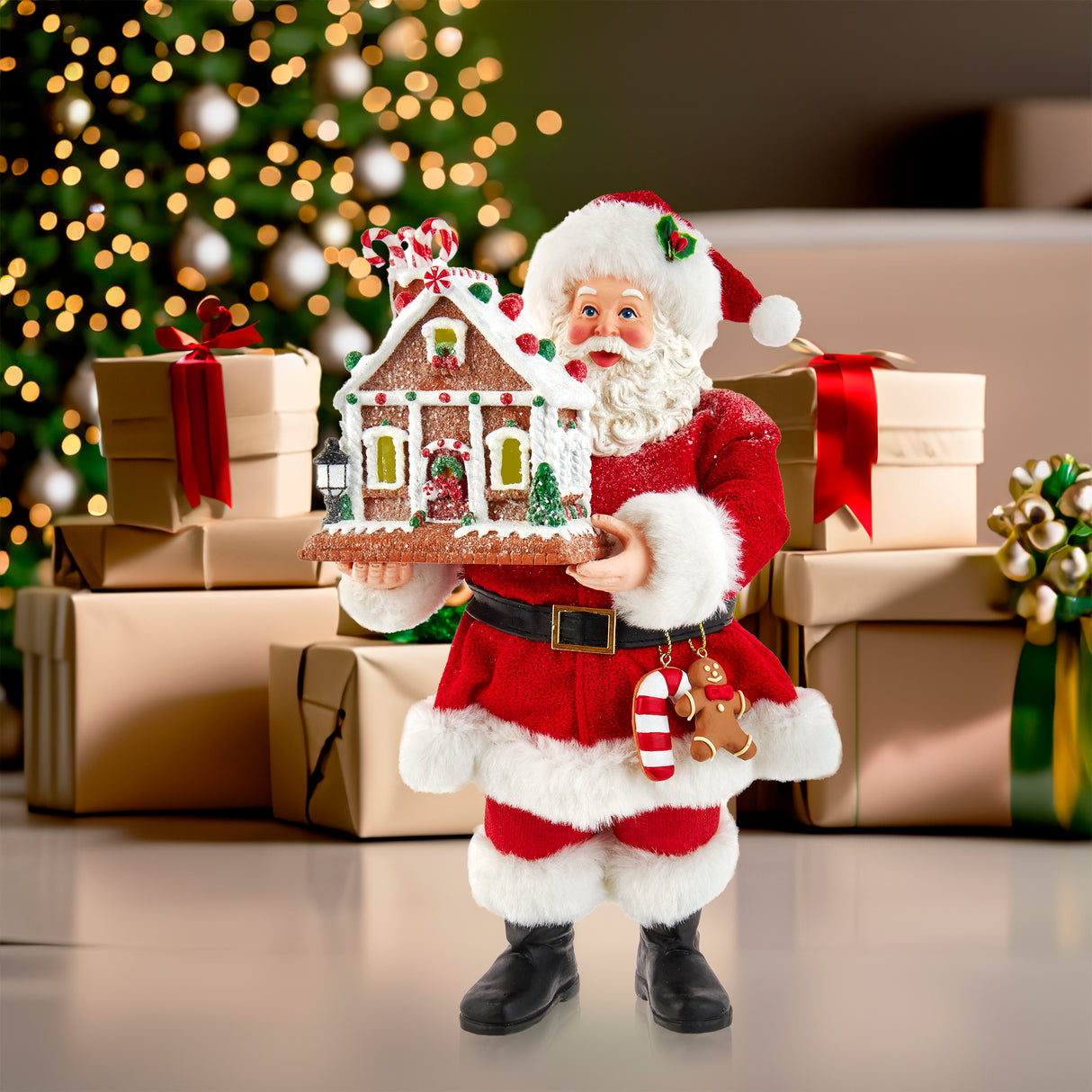 12" Fabriché™ Santa With Light-Up Gingerbread House