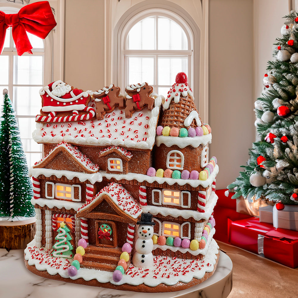 LED Gingerbread House Santa On Roof