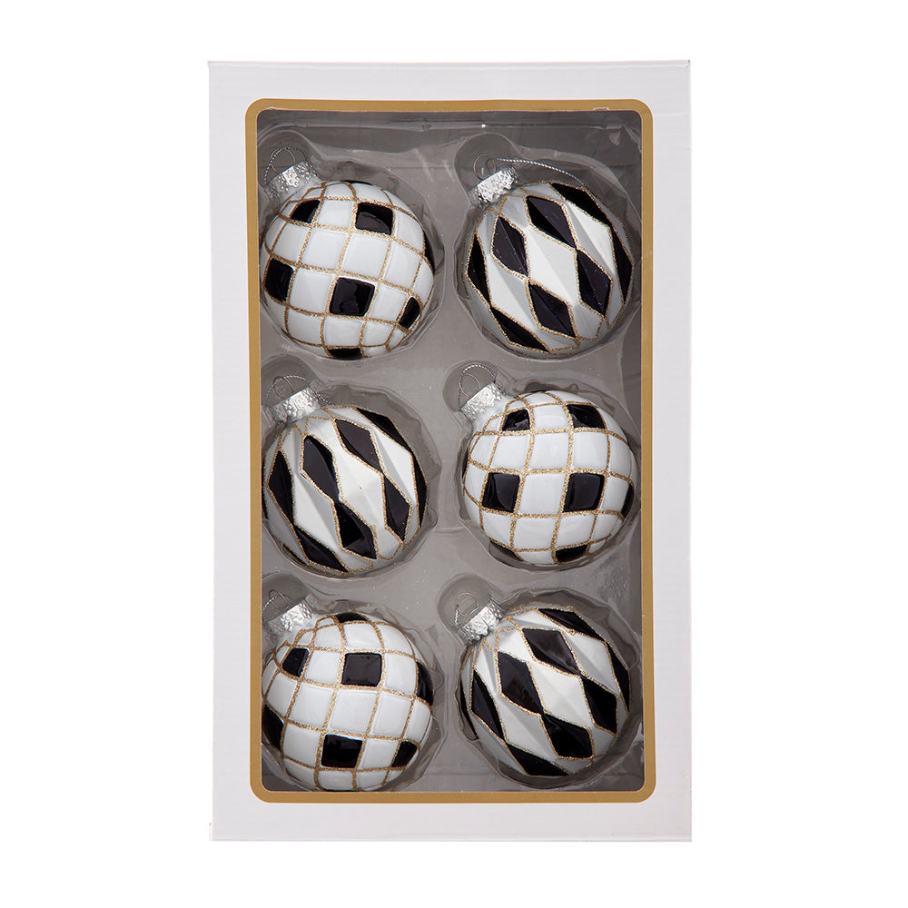 Pre-Order Kurt Adler 80MM Glass Black, White & Gold Checkered Ball Ornaments 6-Piece Box