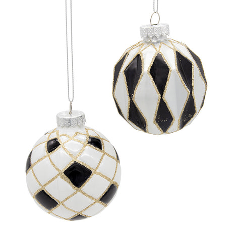 Pre-Order Kurt Adler 80MM Glass Black, White & Gold Checkered Ball Ornaments 6-Piece Box