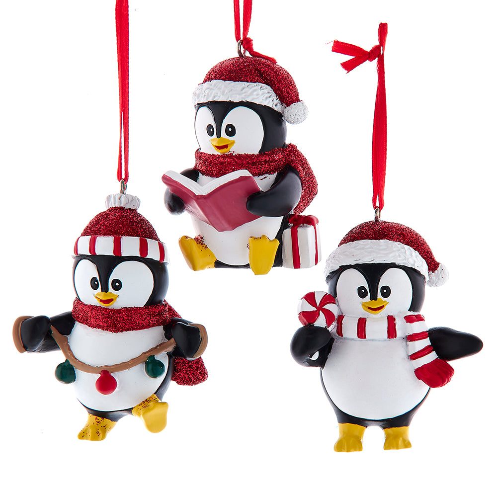 Kurt Adler 3" Penguin With Glitter Hat Ornaments Set of 3