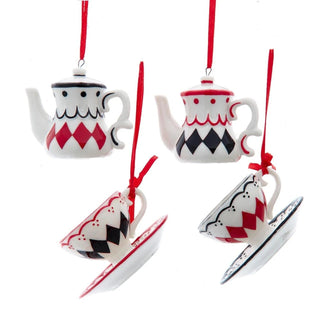 Alice in Wonderland Whimsical Diamond Pattern Tea Pot & Cup Ornament Set J7842