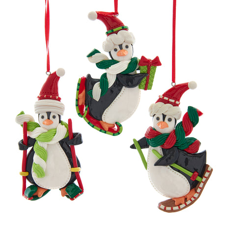 Whimsical Fun Skiing Snow Board Penguins Ornament Set of 3