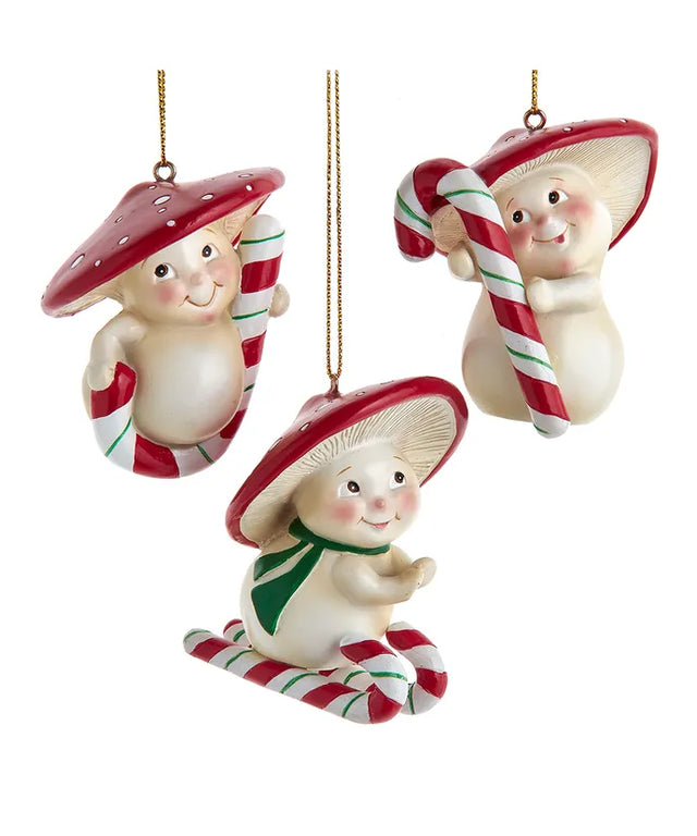 Merry Little Mushroom Candy Cane Mushroom Ornaments, 3 Assorted