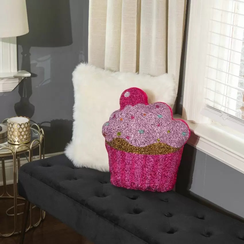 Luminous Pink Cupcake Rhinestone Throw Pillow