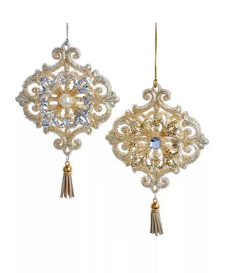 Embellished Platinum Gem Pearl Flower With Tassel Holiday Ornament Set Gold Silver T3367