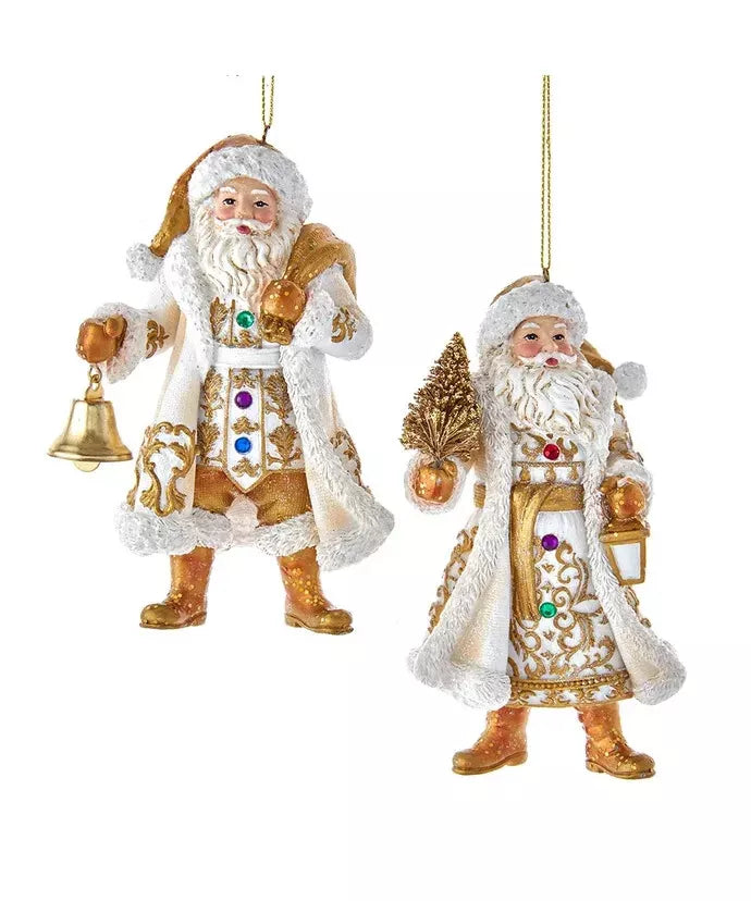 Vintage Jeweled White and Gold Santa Ornament set of 2