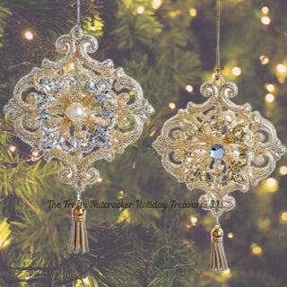 Embellished Platinum Gem Pearl Flower With Tassel Holiday Ornament Set Gold Silver T3367