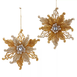 Gold Silver Platinum Glitter Embellished Poinsettia Christmas Ornament Set T3486