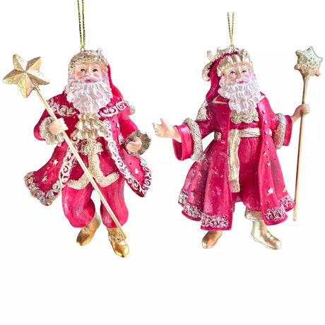 Regal Red Gold Snowflake Staff Santa Ornament Set of 2