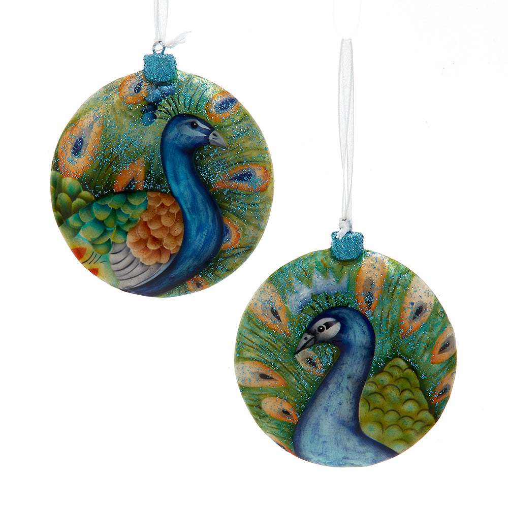 Peacock Flat Disc Ornaments, 2 Assorted