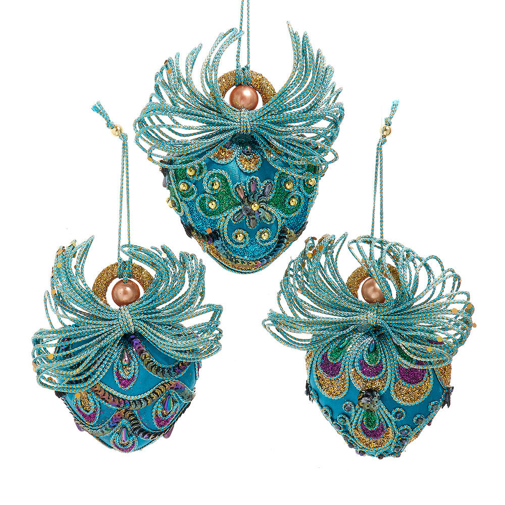 Kurt Adler Set of 3 PEACOCK FAIRY Glittered Heart Christmas Ornaments