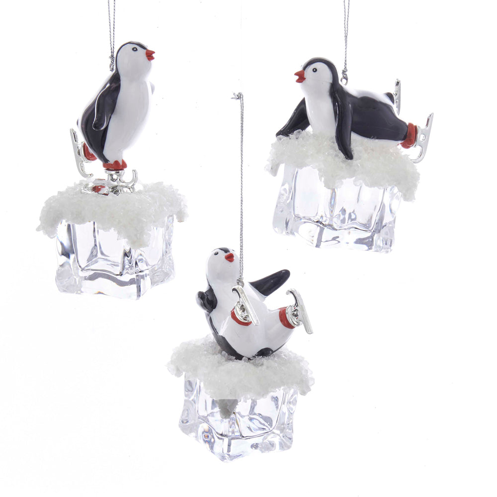 Kurt Adler Penguin On Ice Ornament Set of 3