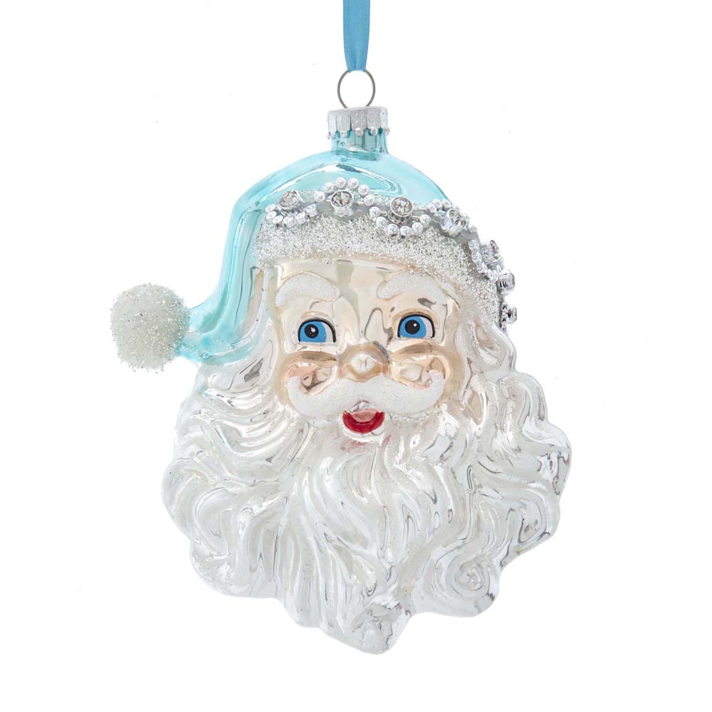 Kurt Adler 5.5" Glass Blue and Silver Santa Head Ornament