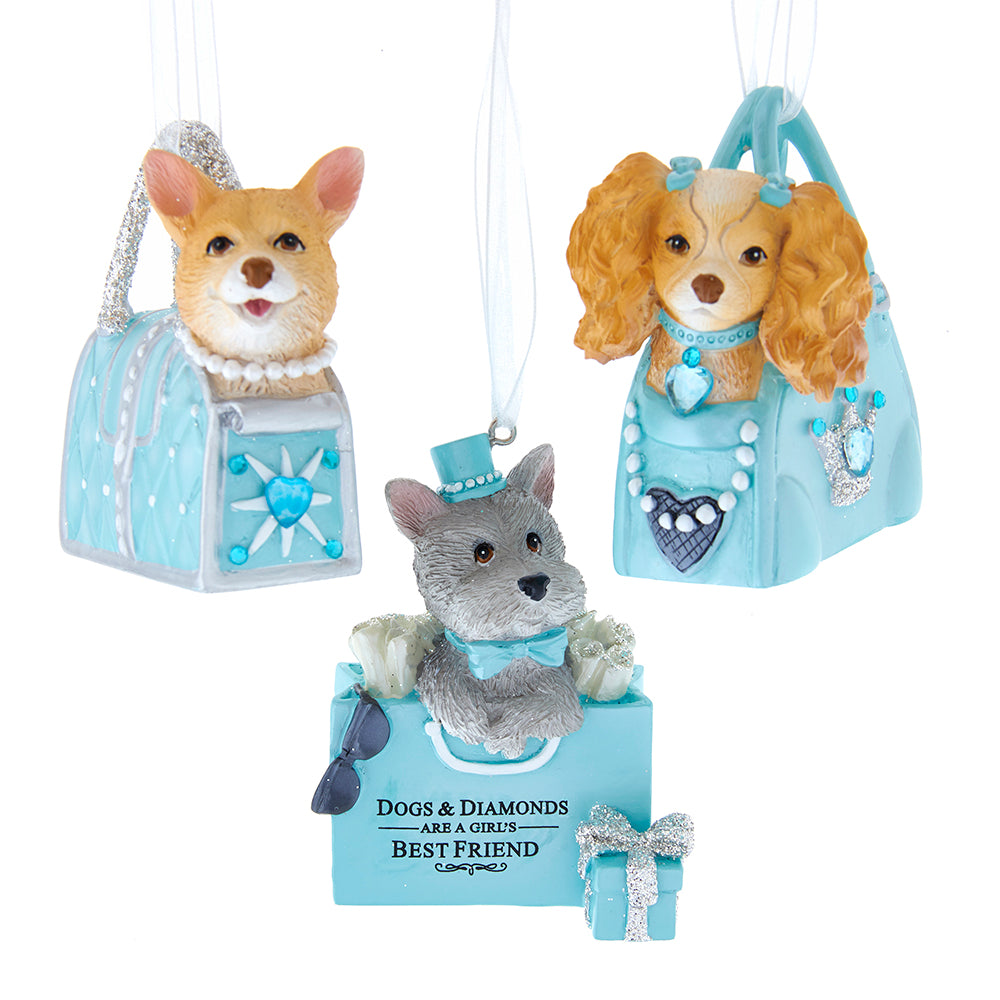 Silver, Tan and White Dog In Blue Purse Diva Ornaments