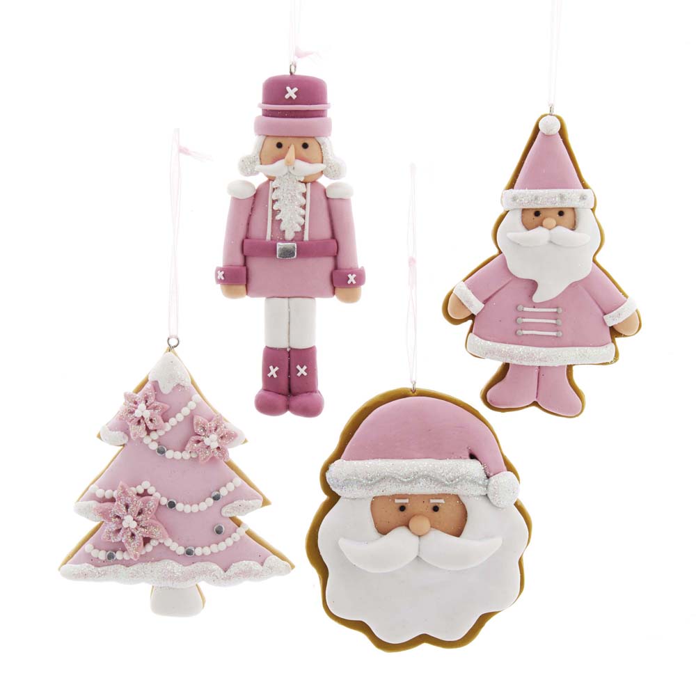 Pastel Pink and White Santa, Nutcracker, Christmas Tree and Santa Head Ornaments Set