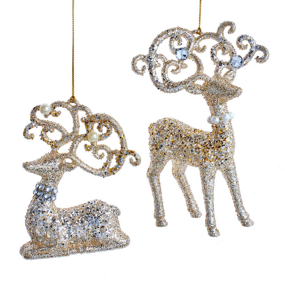 Kurt Adler Platinum Glitter Pearl Deer Ornaments Set of 2