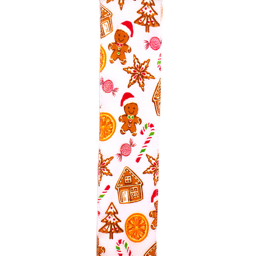 Off-White Gingerbread Patterned Double Wire Ribbon