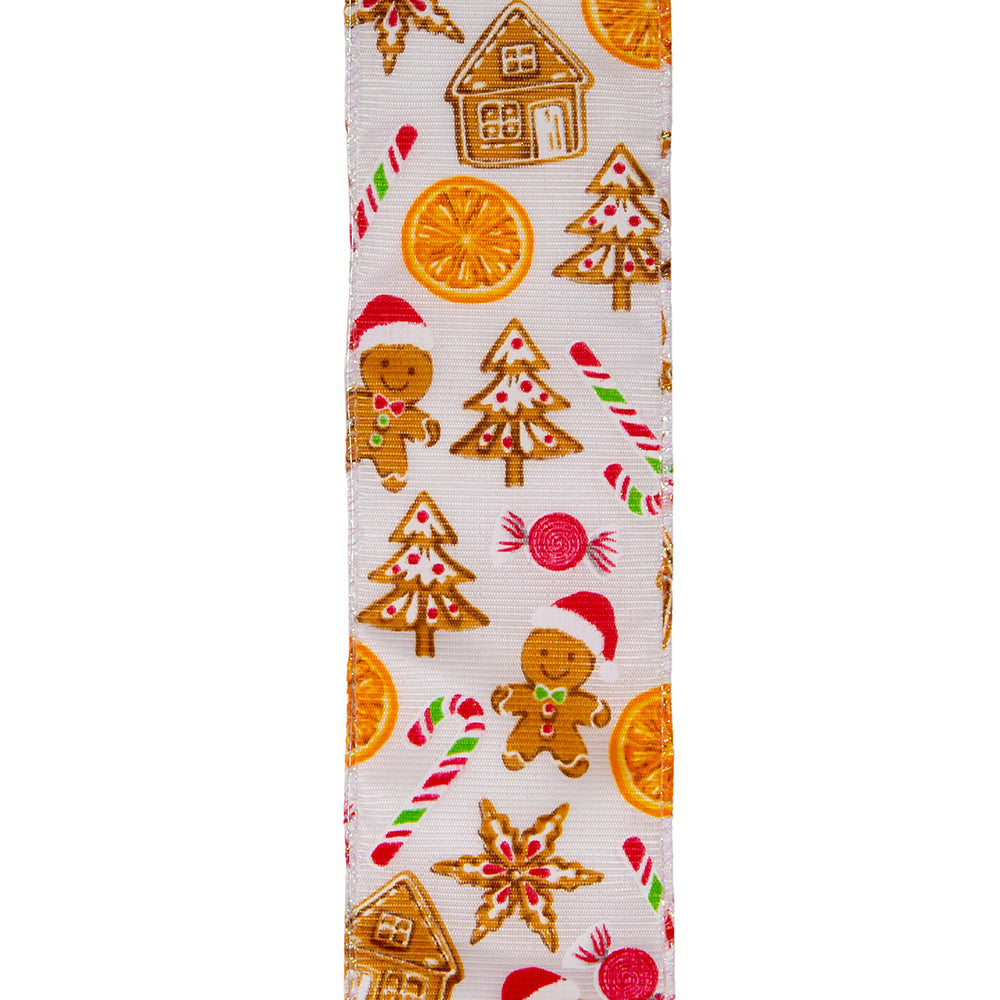 Off-White Gingerbread Patterned Double Wire Ribbon