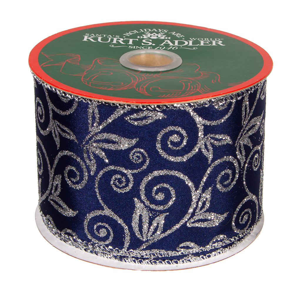 Kurt Adler Blue & Silver Scroll Double Wire Ribbon