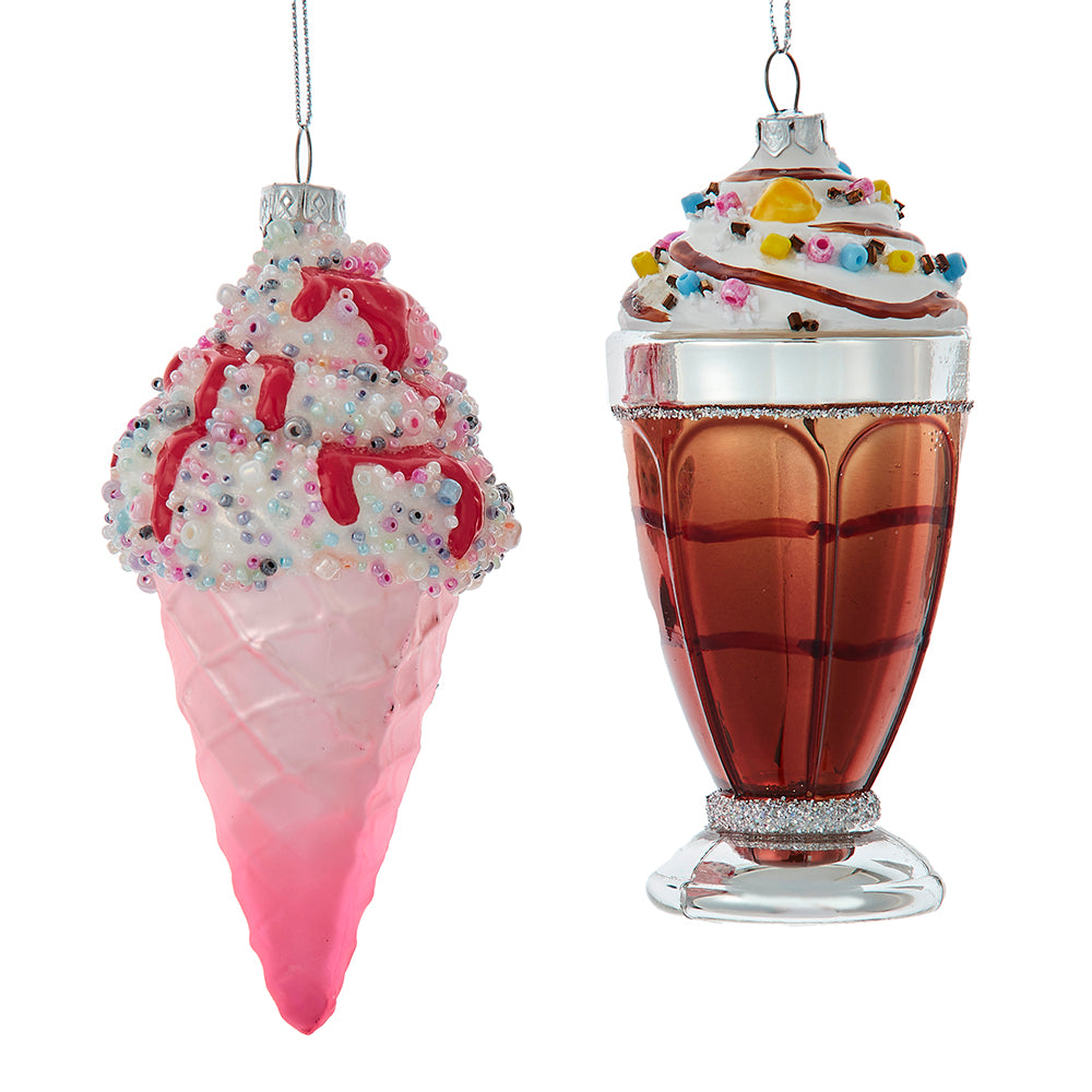 Kurt Adler Set of 2 Glass Ice Cream Cone & Soda Float Ornament