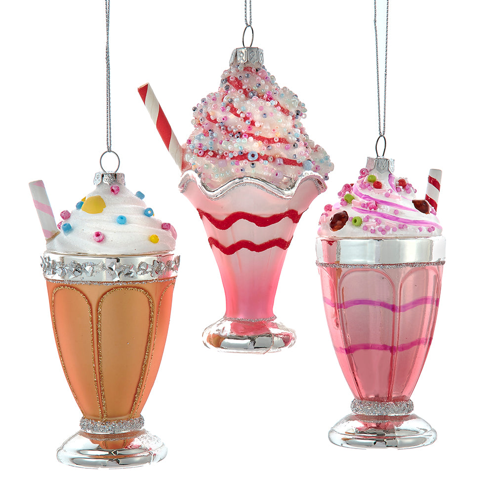 Set of 3 Glass Ice Cream Soda Float With Straw Ornaments T3594