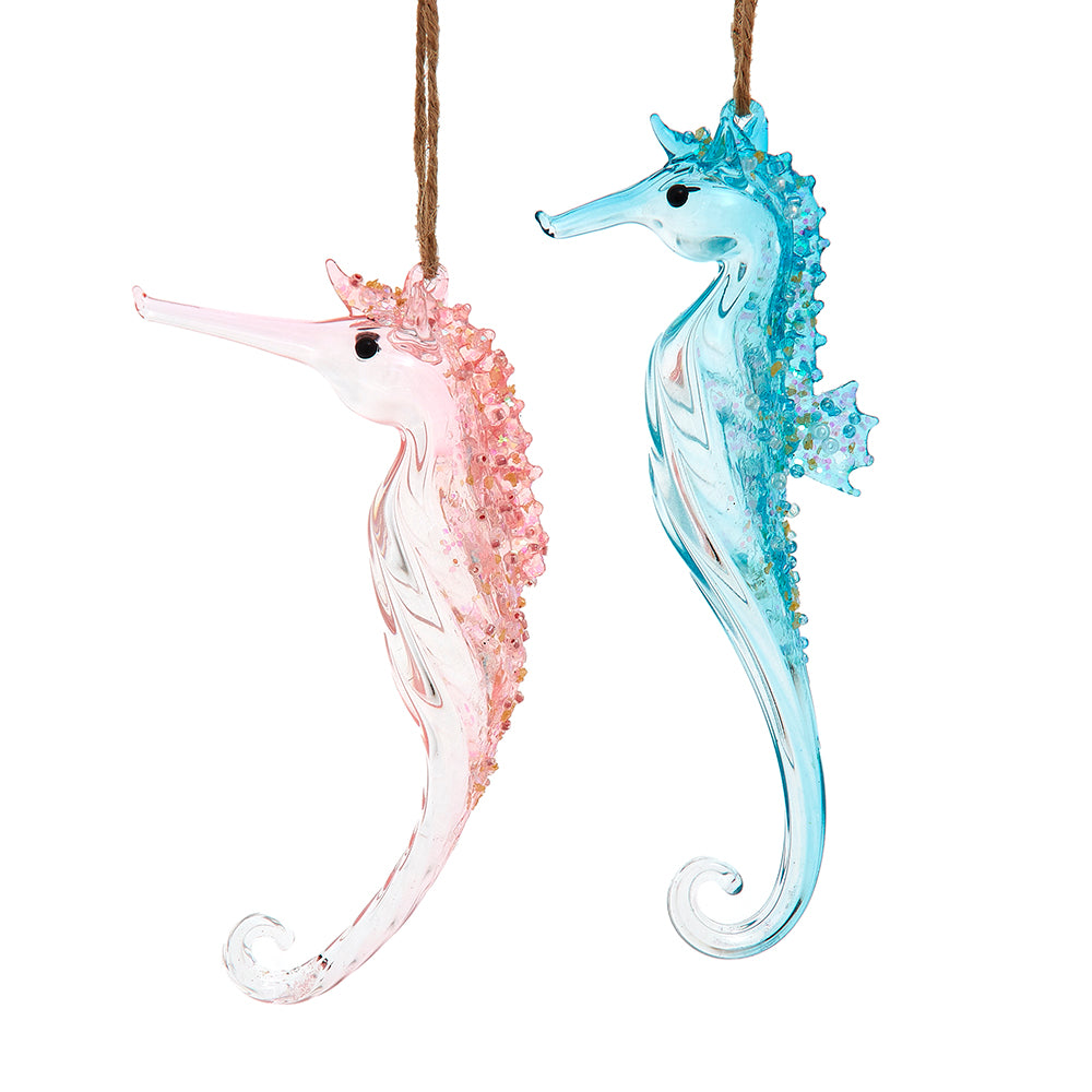 Kurt Adler 6" Set of 2 Glass Pink & Blue Seahorse Ornaments