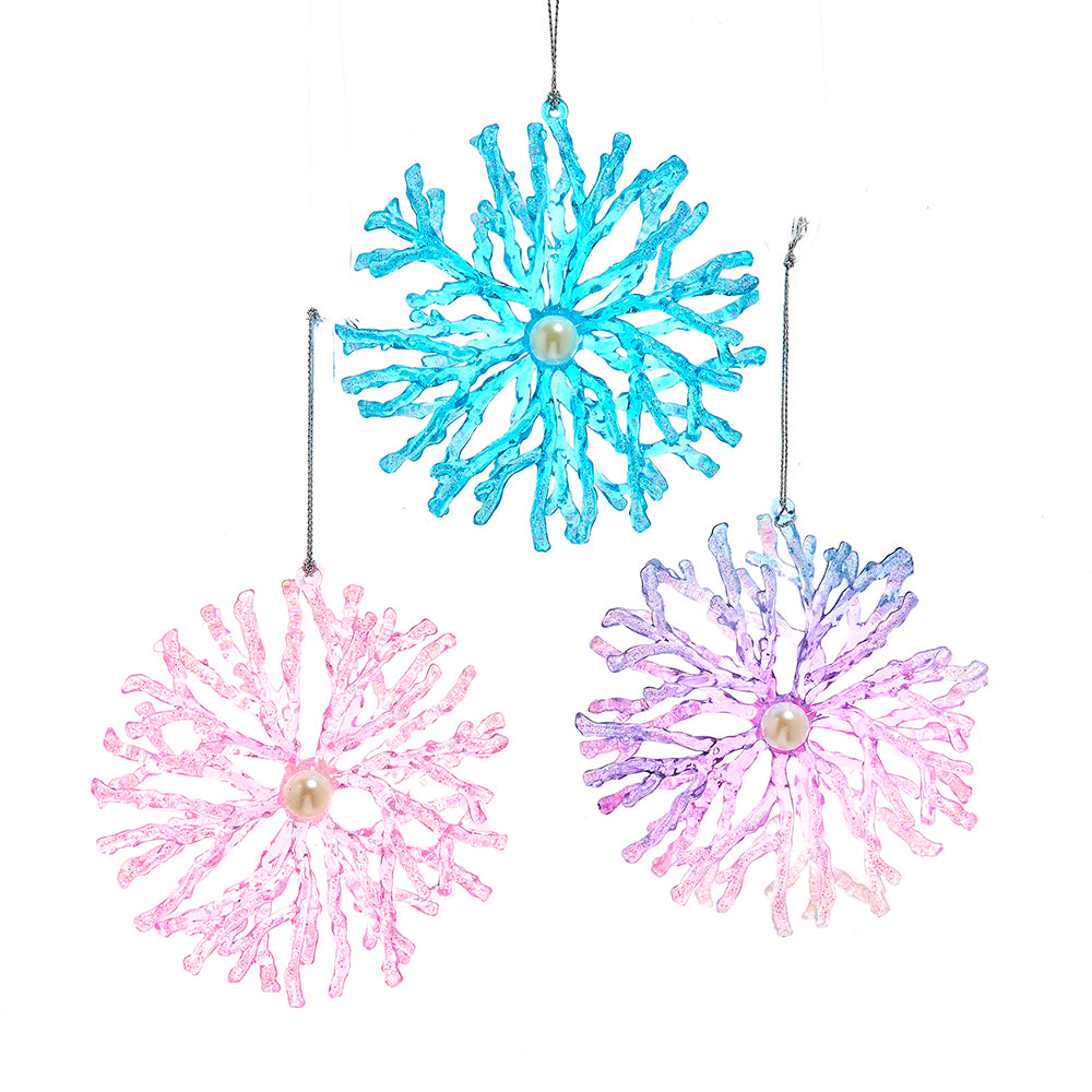 Kurt Adler Coastal 4.5" Coral Pink, Blue & Purple Snowflake Ornament Set of 3