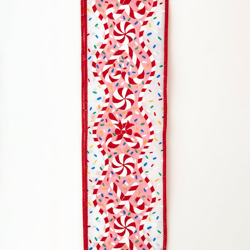 Kurt Adler White With Candy Design Double Wire Ribbon