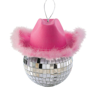 Silver Mirror Ball With Pink Cowboy Hat Ornament Bedazzled T3723