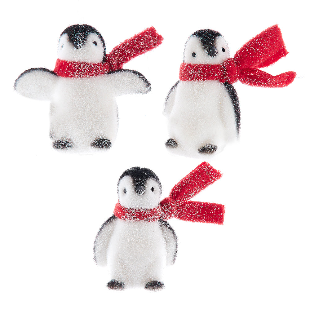 Kurt Adler 3.5" Flocked Penguin With Red Scarf Ornaments Set of 3 TD1767