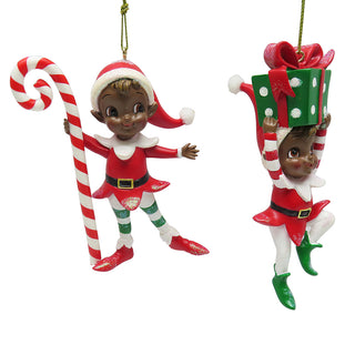 African American Elf With Candy Cane & Gift Box Ornament Set TD1820