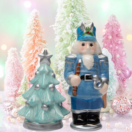 Christmas Blue Nutcracker & X'mas Tree Salt And Pepper Shaker Set