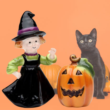 Cosmos Ceramic 2024 Halloween Pumpkin & Witch Salt & Pepper Shaker Set